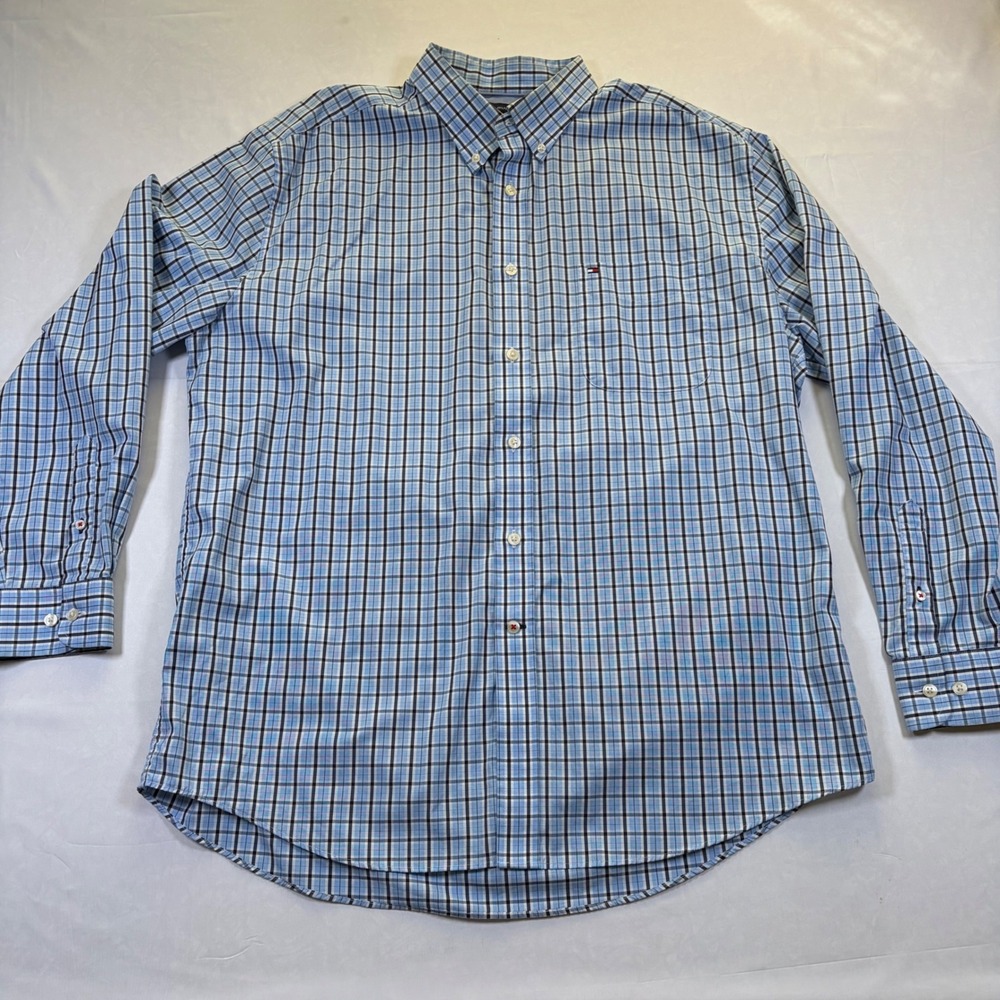 Tommy Hilfiger Mens XL Classic Fit Plaid Button Down Shirt Blue Black Cotton